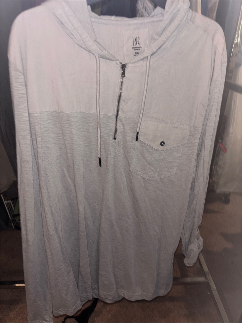 INC International Concepts Light Gray Quarter-Zip Hooded Pullover